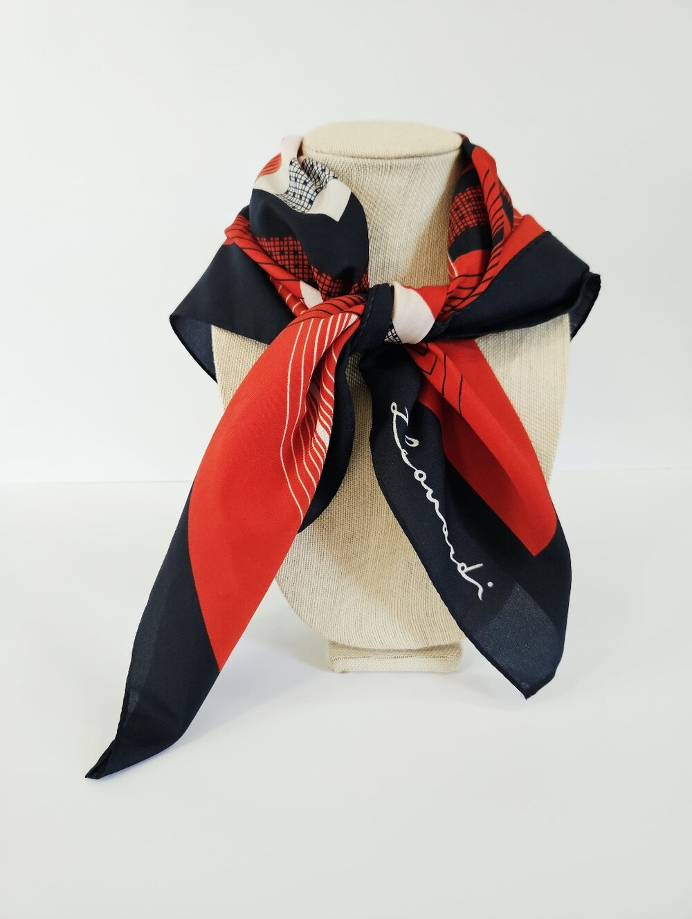 Vintage Leonardi Large '80s Geometric Black Red Striped Neck Head Scarf Foulard